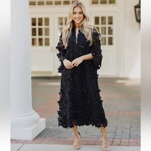 J.Marie Small Black Seraphina Floral 3D Lace 3/4 Sleeve Midi Kaftan Shift Dress